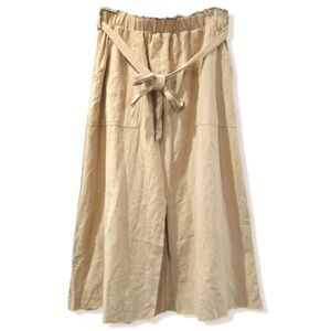 Tan Linen Cotton Blend Elastic Waist Midi Skirt, Tie Belt, Front Slit, Pockets